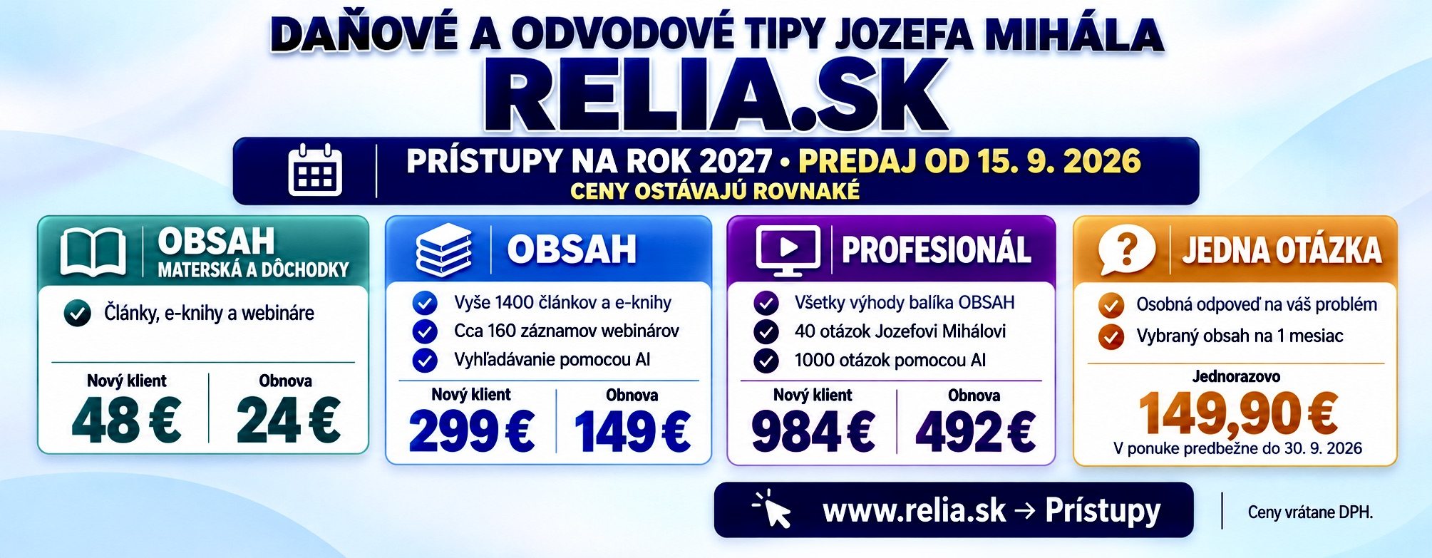 Prístupy Relia.sk na rok 2027 – porovnanie balíkov a cien